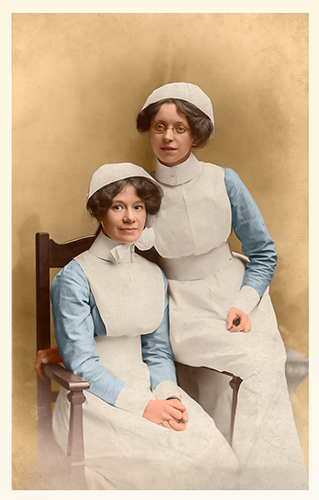 Colourised cabinet portrait of nurses by Mark Cross, Borough Studios, Dewsbury, Yorkshire, England.