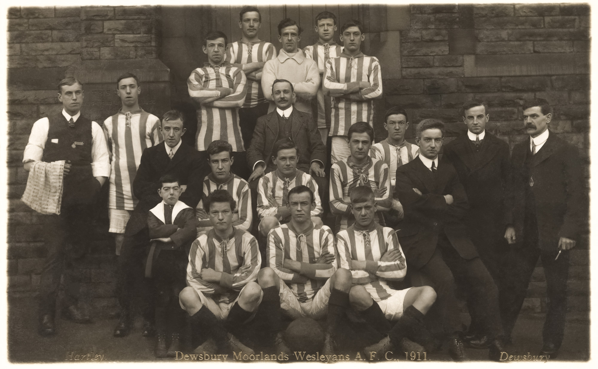 Restored postcard of Dewsbury Moorland Wesleyans A.F.C. 1911 by the studio of Fred Hartley